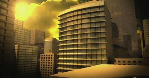 Digitally Generated Urban Cityscape Background with Green Light Burst