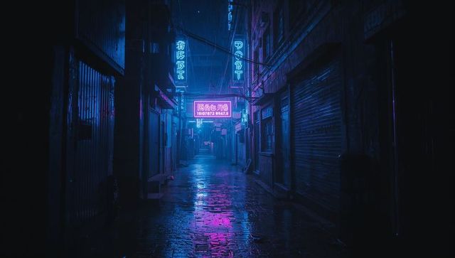 Neon Alley Silhouette Walking Down Rain-Soaked Cyberpunk Street Night Reflections Noir