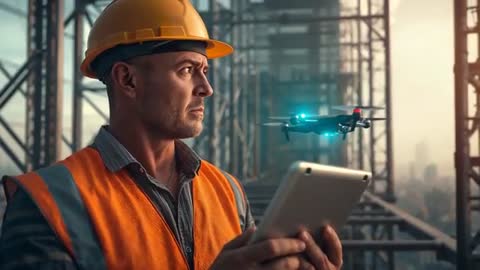 Engineer Operating Drone for Urban Construction Survey