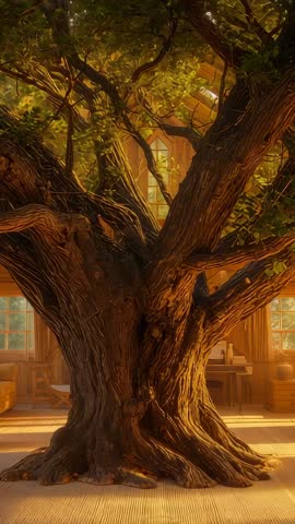 Vertical video panning from roots to canopy through ancient tree inside rustic cottage