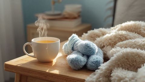 Steaming Tea with Blue Baby Booties on Cozy Bedside Table for Newborn Morning Comfort