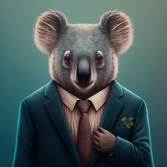 Portrait of koala in suit and brown tie on blue background, created using generative ai technology. Nature and style concept, digitally generated image.