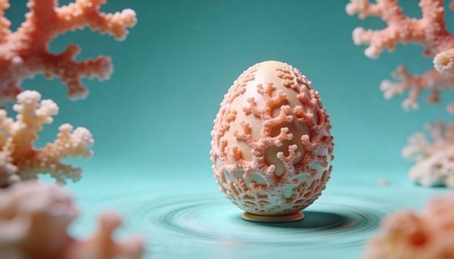 Coral lace egg sculpture on turquoise background featuring pastel peach texture ornate design