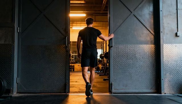 Walking athlete entering industrial gym through metal doors backlit silhouette warm light