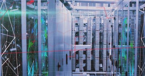 Aisle between server racks with futuristic data overlay