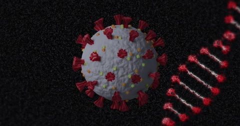 COVID-19 Virus and DNA Strand on Dark Background