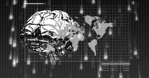 Displaying chrome brain overlaying dotted world map with binary data streams and HUD grid