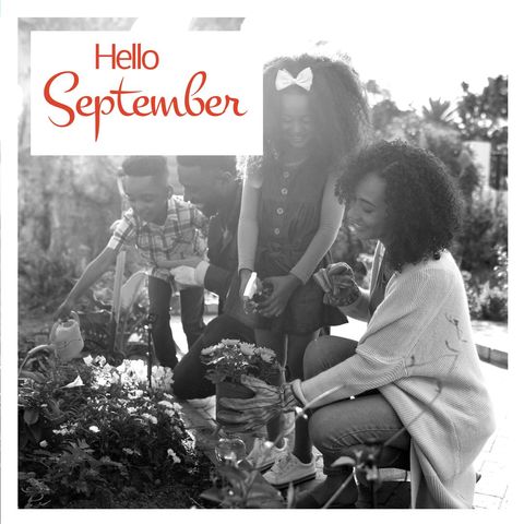 Family Gardening Together During September in Black and White