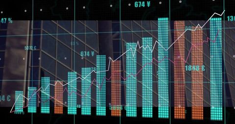 Financial growth dashboard overlaying urban glass facade with bar and line charts