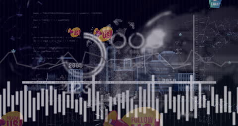 Abstract Digital City with Data and Social Media Icons