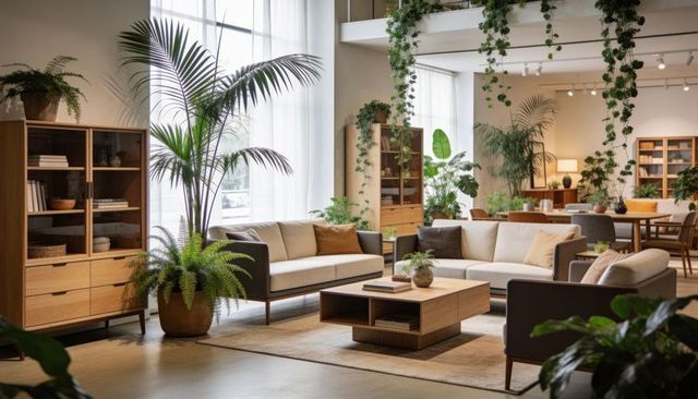 Showcasing scandinavian living room with neutral sofas, wooden coffee table, lush plants