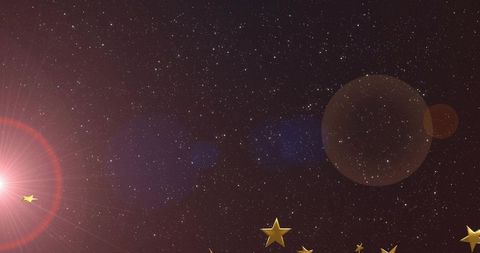 Maroon starfield showing glowing lens flare and scattered golden star border