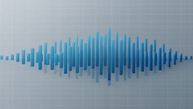Glassy 3d audio waveform visualizing sound spectrum with blue vertical bars and reflection