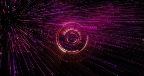Magenta Neon HUD Core Emitting Radial Data Streams, Concentric Rings and Dotted Trails