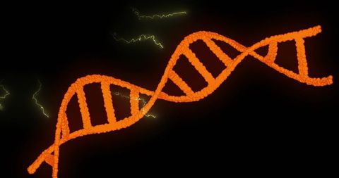 Glowing Orange DNA Helix and Electric Sparks on Black Background