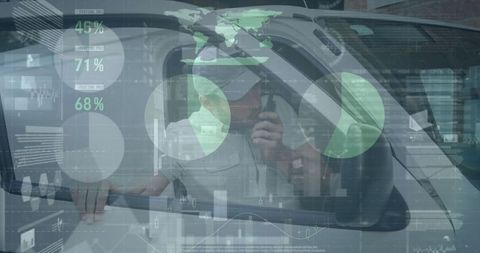 Delivery driver communicating logistics with digital statistical overlays