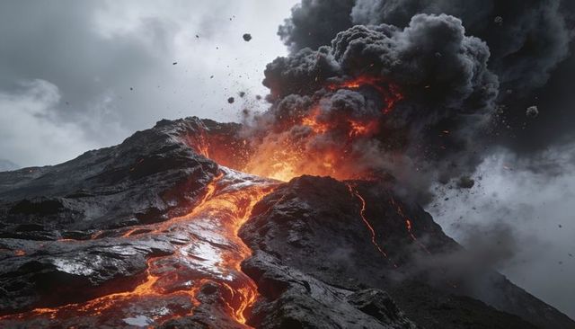 Molten lava pouring down volcanic slope during explosive eruption and ash plume