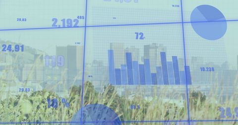Abstract financial data overlay on urban skyline