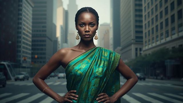 Model Elegantly Posing in Urban Intersection with Green Sari