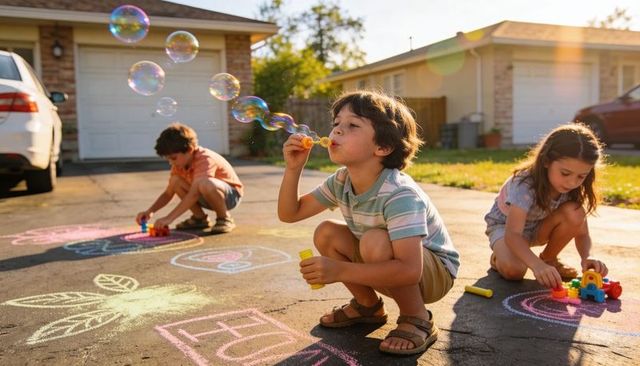 Children playing on driveway blowing bubbles and drawing colorful chalk hopscotch at sunset