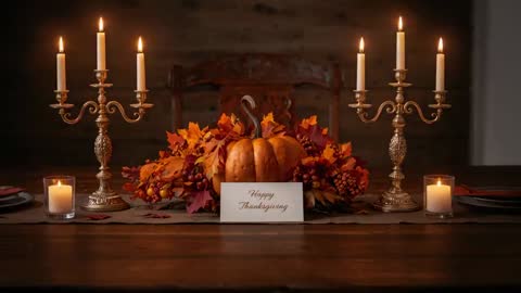 Flickering candles casting warm light over Thanksgiving pumpkin centerpiece on dining table