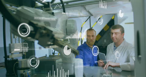 Engineers Analyzing Robotic Technology with Data Overlays