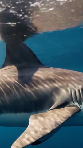 Vertical underwater video of shark gliding beneath sunlit surface toward deep ocean