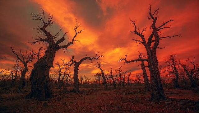 Harsh desert landscape with gnarled dead trees under dramatic fiery sky