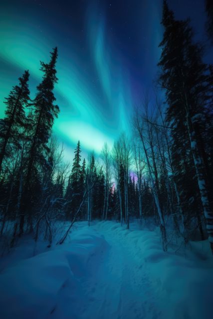 This stunning capture of the Northern Lights illuminating a snowy forest with a visible trekking path is perfect for use in travel brochures, nature magazines, or winter holiday advertisements. It can also be used as inspiration for adventure tourism campaigns or to inspire Arctic exploration content.