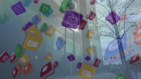 Digital Icons Floating Over Modern Building Concept