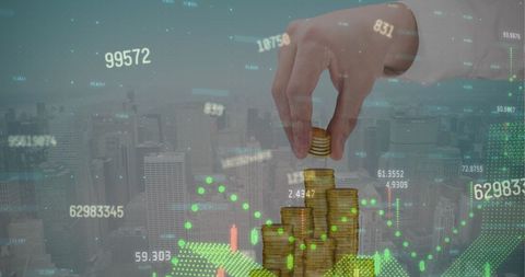 Digital Finance Overlay with Coins and Cityscape - Download Free Stock Images Pikwizard.com