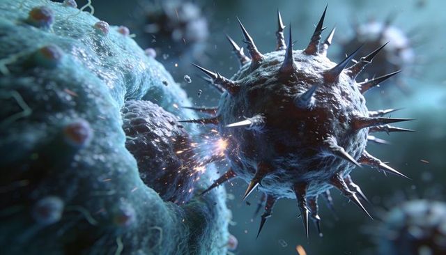 Spiky virion penetrating cell membrane with glowing ejecta and membrane interaction