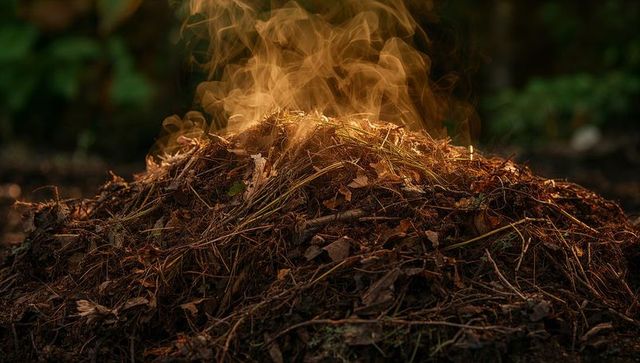 Backlit smoldering leaf litter sending steam from pine needle compost pile at dawn