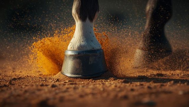 Horse hoof striking dust dramatic motion on dirt track