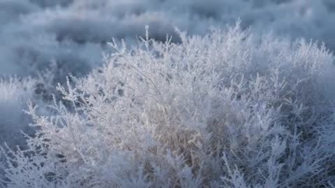 Shifting Camera Revealing Frost-Coated Shrub Sparkling with Hoarfrost Crystals in Arctic Light