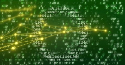 Pulsing Binary Network Visualization with Glowing Nodes and Neon Green Data Stream
