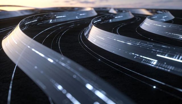 Flowing translucent light ribbons forming illuminated fiber-optic lanes across low horizon