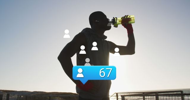 Healthy athlete drinking water with social media follower icons overlay - Download Free Stock Images Pikwizard.com