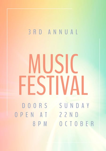 Stylish and vibrant music festival invitation featuring a pastel gradient background. Perfect for promoting an annual event, concert, or any festive gathering. Utilizes a modern typography design which is ideal for grabbing attention and engaging potential attendees. Suitable for marketing on social media, event websites, or as printed flyers to invite a lively crowd.