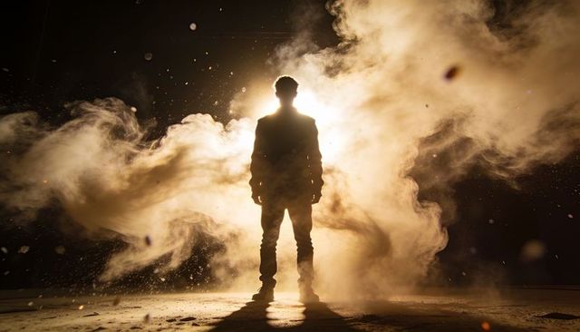 Silhouette standing in swirling smoke and warm backlight cinematic halo evoking mystery