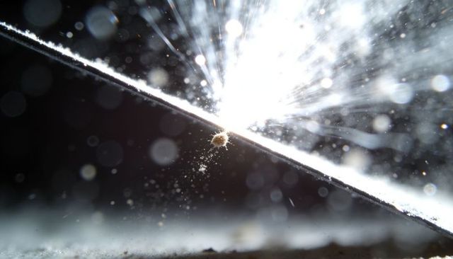 Macro tiny mite clinging to filament with starburst backlight and dust bokeh