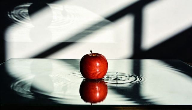 Red apple reflecting on wet glass surface with water droplet ripples and diagonal shadows