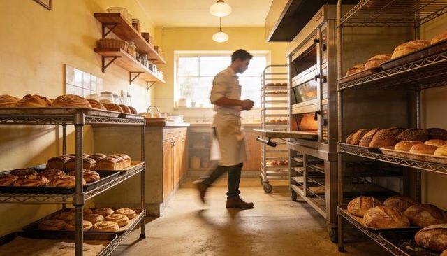 Artisan baker navigating narrow bakery aisle with oven racks and fresh bread trays