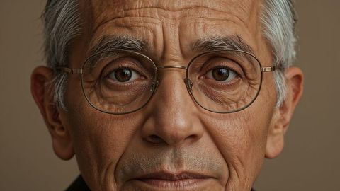 Close-up portrait of old people in metal eyeglasses highlighting facial features
