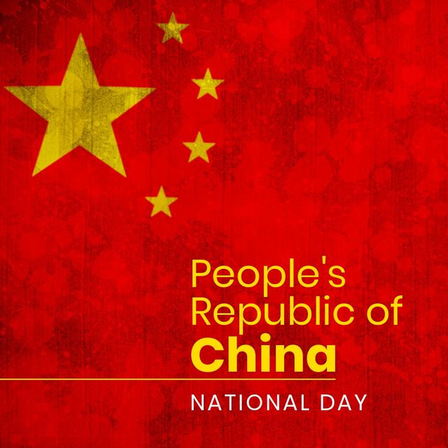 Square image of china independence day text with china flag over red background. China independence day campaign.