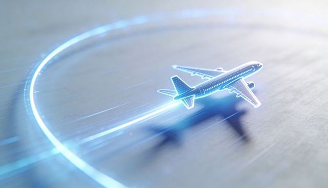 Holographic airliner racing along neon flight path with futuristic blue light trails