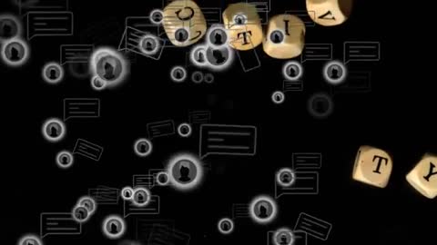 Falling letter cubes forming connectivity network with glowing avatars, drifting chat bubbles