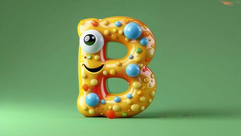 Playful 3d cartoon letter b with colorful spheres and smiling face