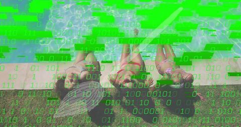 Trio sunbathing at pool edge with neon binary glitch overlay, summer digital lifestyle