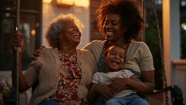 Multigenerational african american family laughing on porch swing at golden hour sunlit warmth
